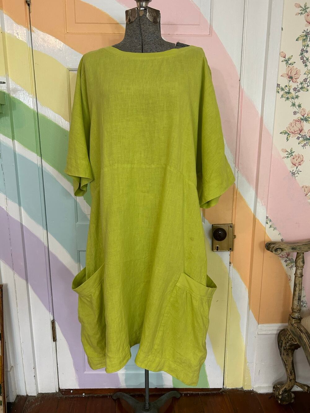 FLAX Linen Lagenlook Shift Dress Large Lime Green Oversized Pockets